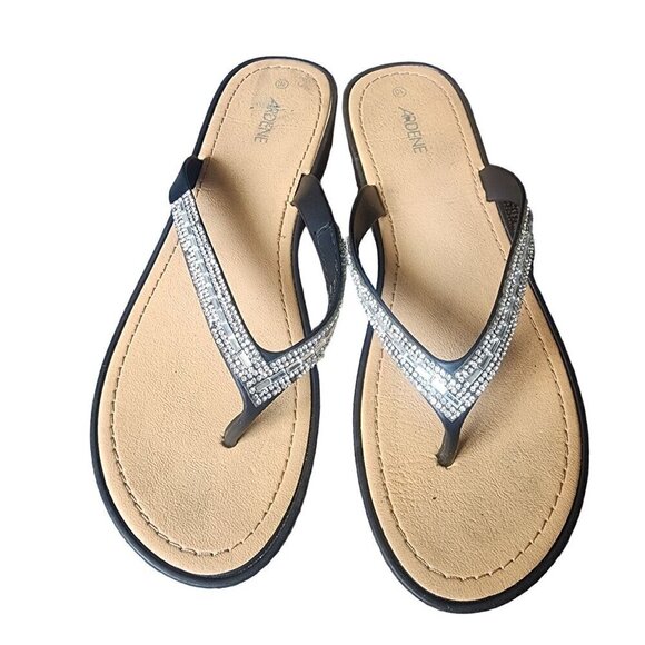 Rhinestone Sparkle Toe Thong Wedge Dressy Flip Flops Silver Black Size 10 - Picture 3 of 15